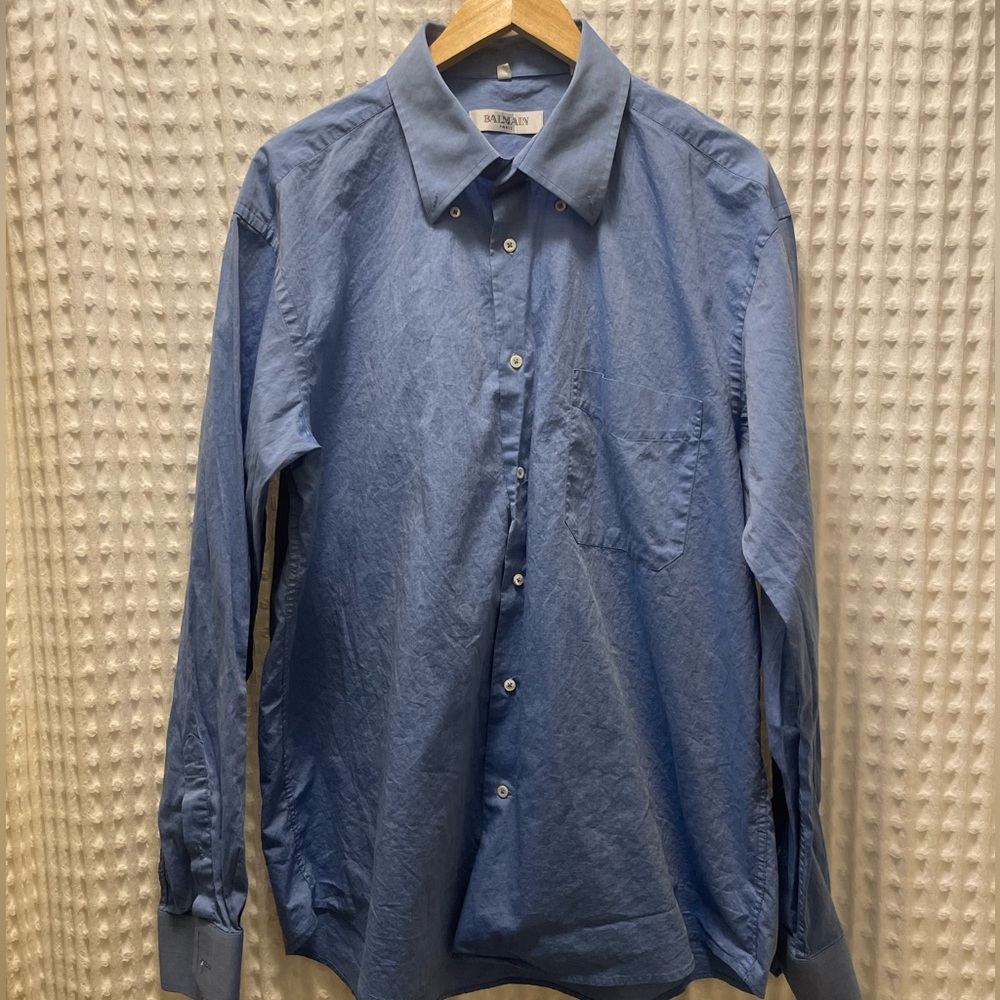 Balmain’s Men's Blue Button Up Long Sleeve Dress Shirt